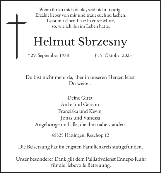 Traueranzeige von Helmut Sbrzesny von Tageszeitung