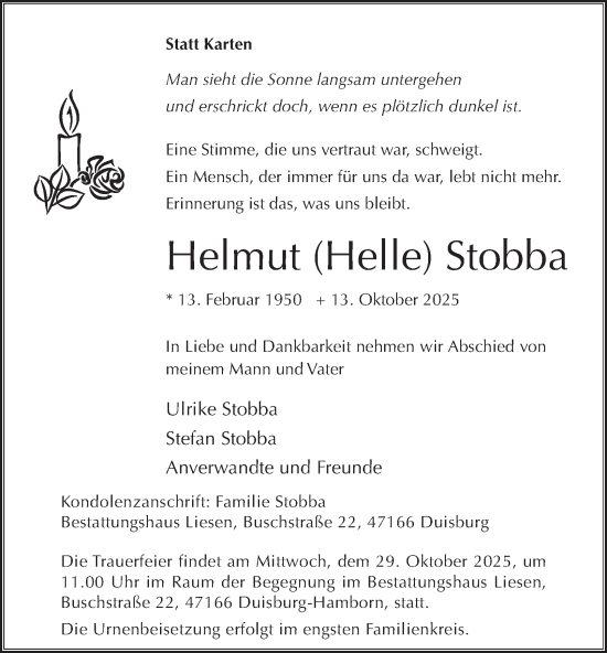Traueranzeige von Helmut Stobba von Tageszeitung