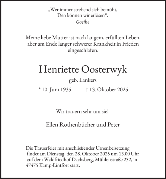Traueranzeige von Henriette Oosterwyk von Tageszeitung