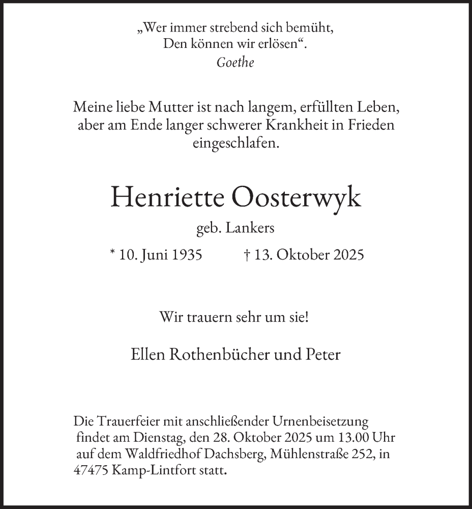  Traueranzeige für Henriette Oosterwyk vom 22.10.2025 aus Tageszeitung
