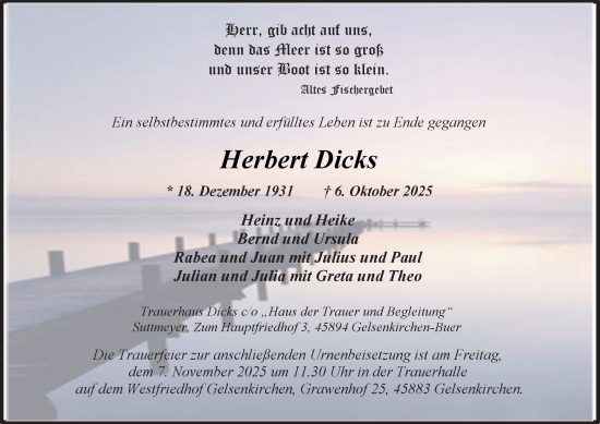 Traueranzeige von Herbert Dicks von Tageszeitung