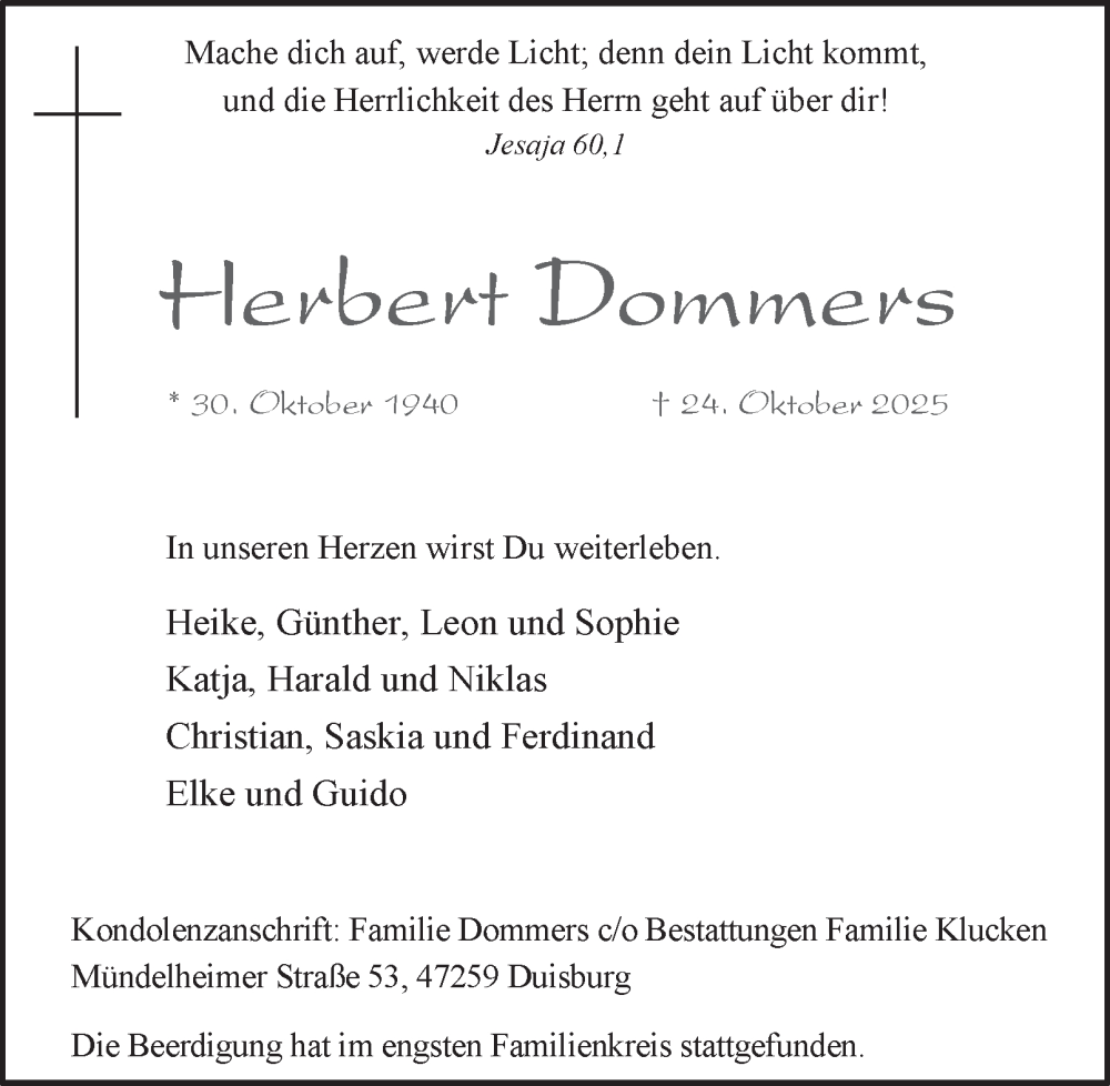  Traueranzeige für Herbert Dommers vom 01.11.2025 aus Tageszeitung
