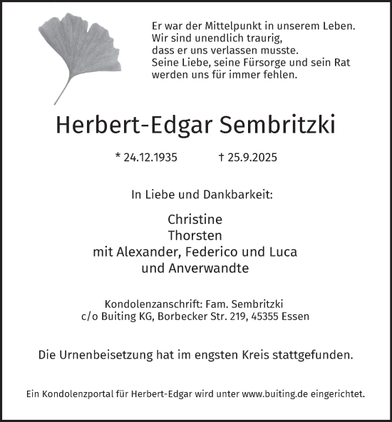 Traueranzeige von Herbert-Edgar Sembritzki von Tageszeitung