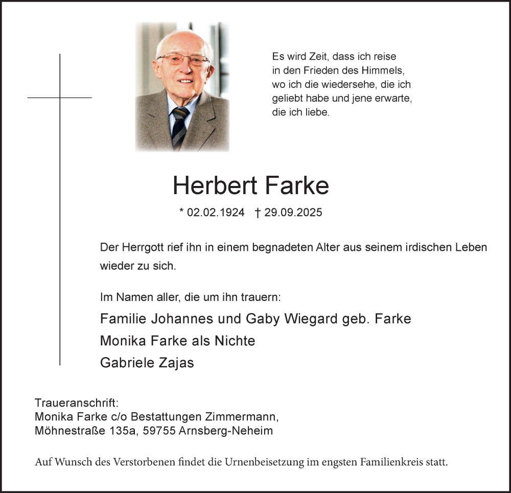  Traueranzeige für Herbert Farke vom 08.10.2025 aus Tageszeitung