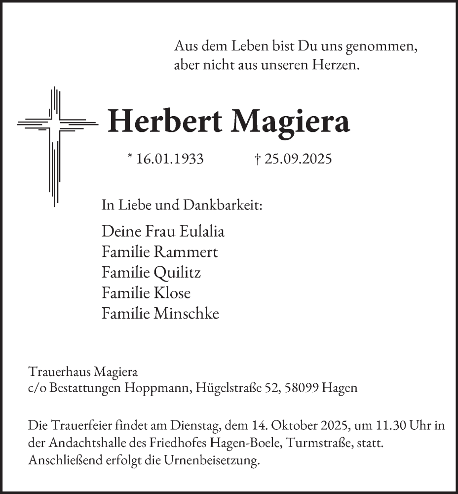  Traueranzeige für Herbert Magiera vom 11.10.2025 aus Tageszeitung