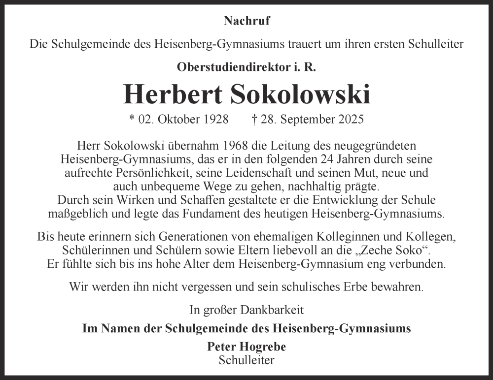  Traueranzeige für Herbert Sokolowski vom 04.10.2025 aus Tageszeitung