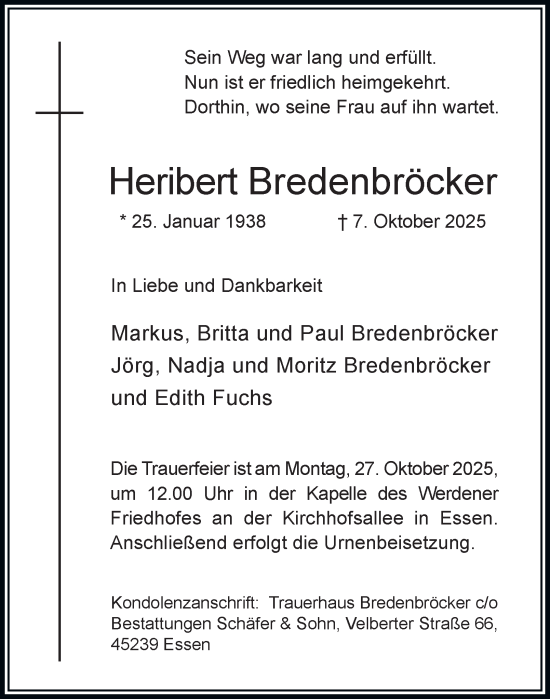 Traueranzeige von Heribert Bredenbröcker von Tageszeitung