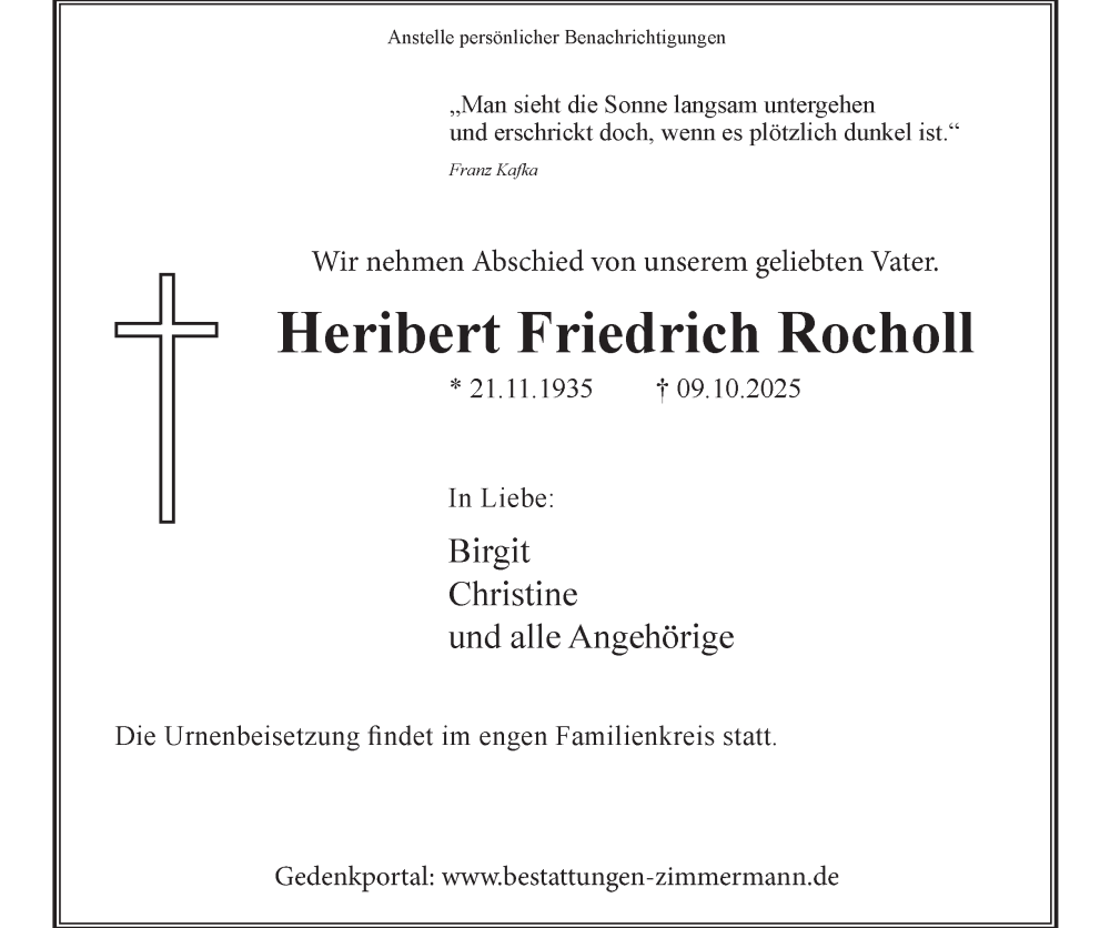  Traueranzeige für Heribert Friedrich Rocholl vom 18.10.2025 aus Tageszeitung