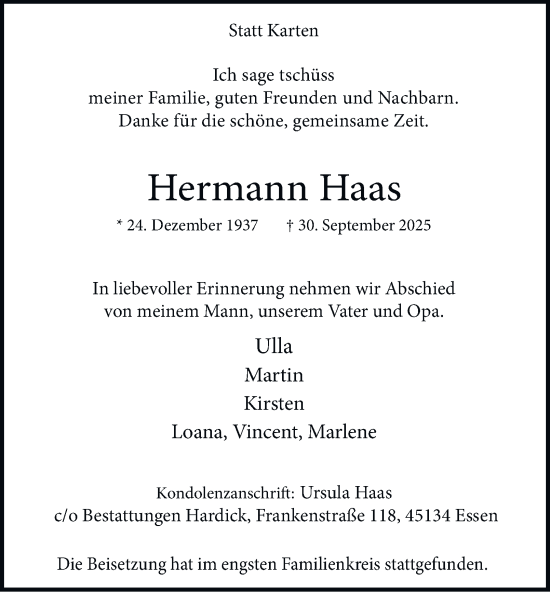Traueranzeige von Hermann Haas von Tageszeitung