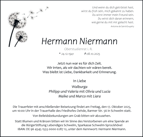 Traueranzeige von Hermann Niermann von Tageszeitung