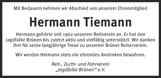 Traueranzeige von Hermann Tiemann von Tageszeitung