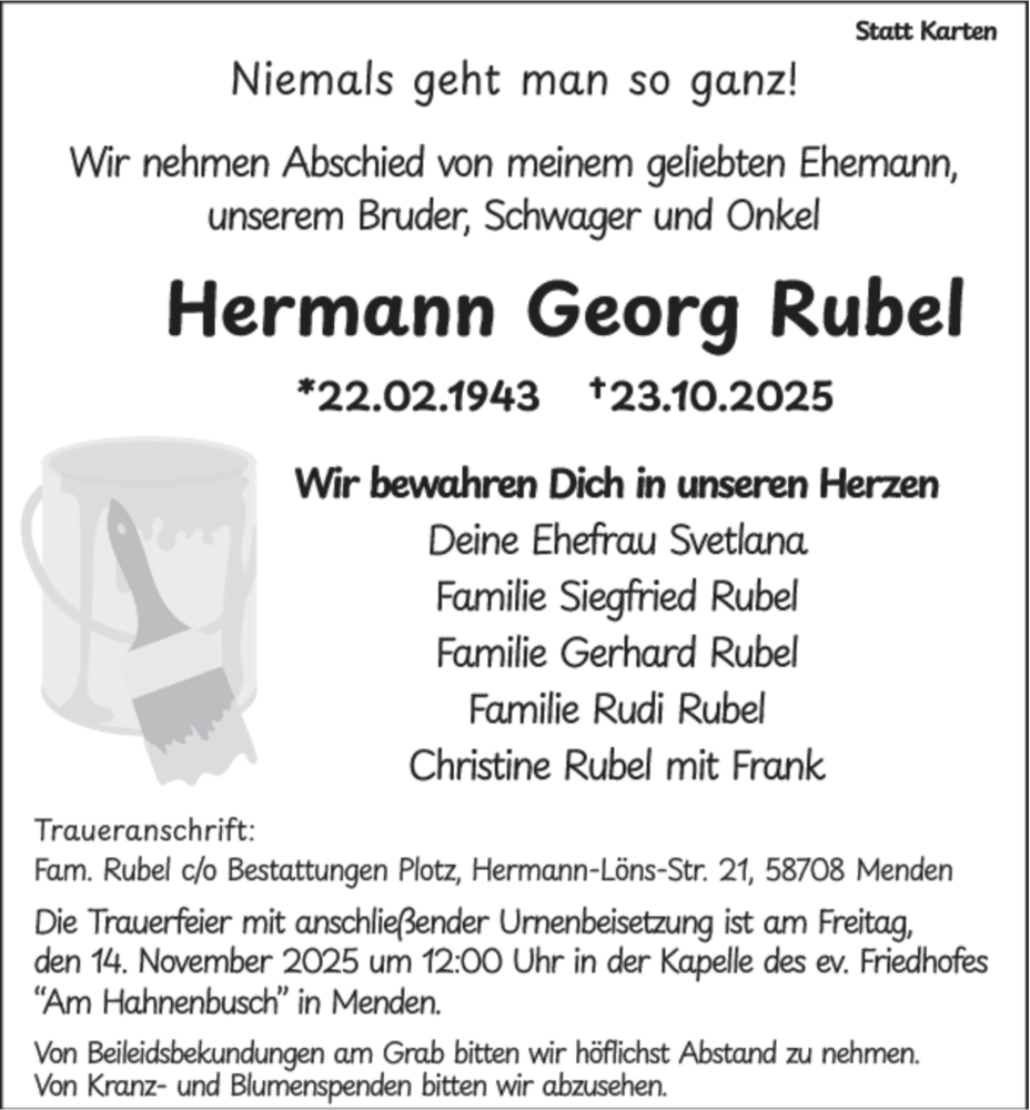  Traueranzeige für Hermann Georg Rubel vom 01.11.2025 aus Tageszeitung