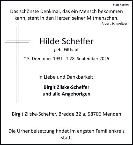 Traueranzeige von Hilde Scheffer von Tageszeitung