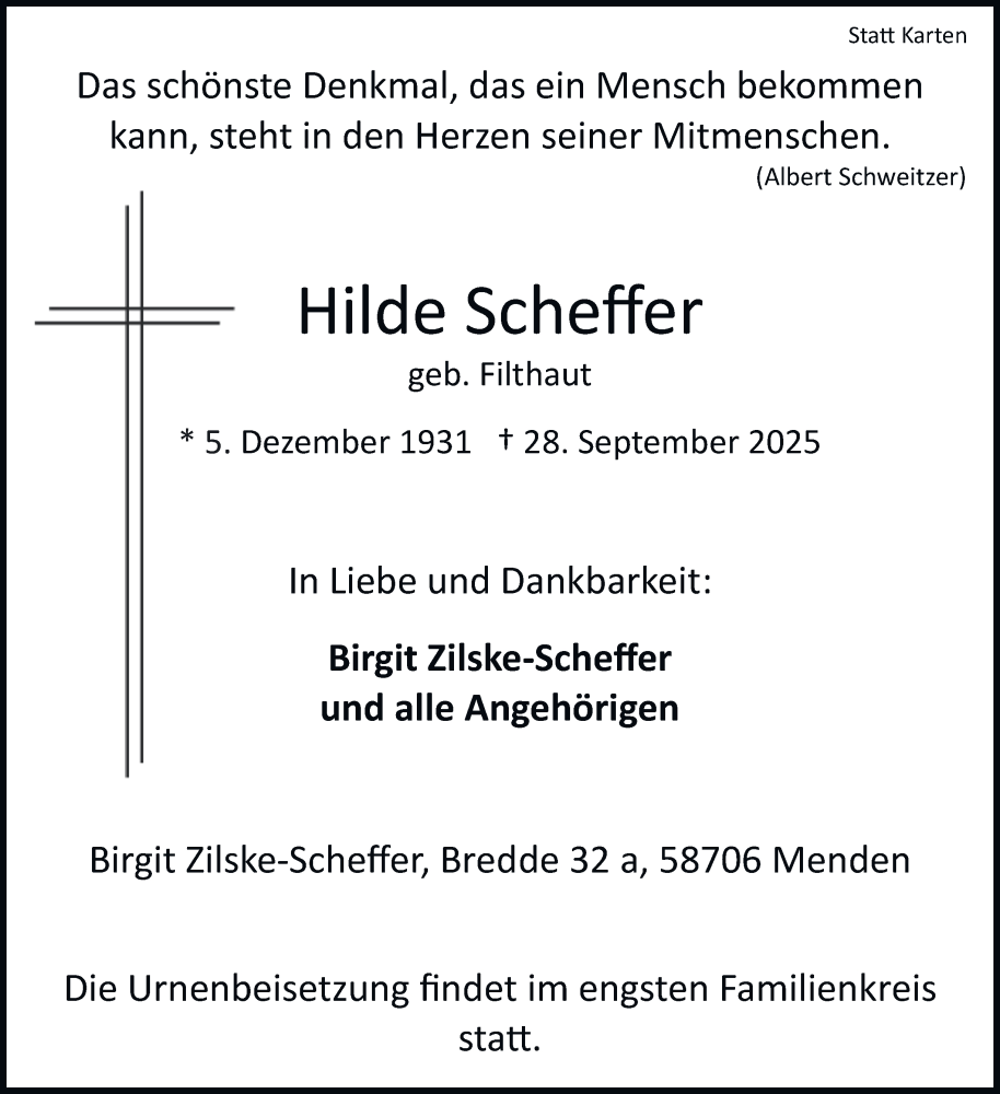  Traueranzeige für Hilde Scheffer vom 08.10.2025 aus Tageszeitung