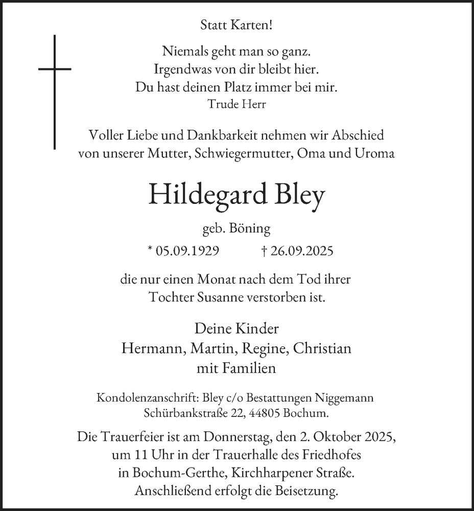  Traueranzeige für Hildegard Bley vom 01.10.2025 aus Tageszeitung