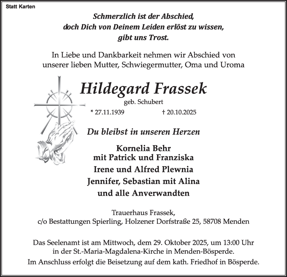  Traueranzeige für Hildegard Frassek vom 25.10.2025 aus Tageszeitung