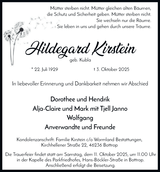 Traueranzeige von Hildegard Kirstein von Tageszeitung
