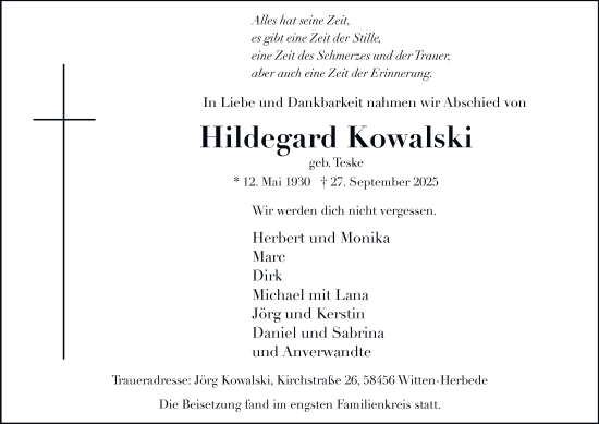 Traueranzeige von Hildegard Kowalski von Tageszeitung