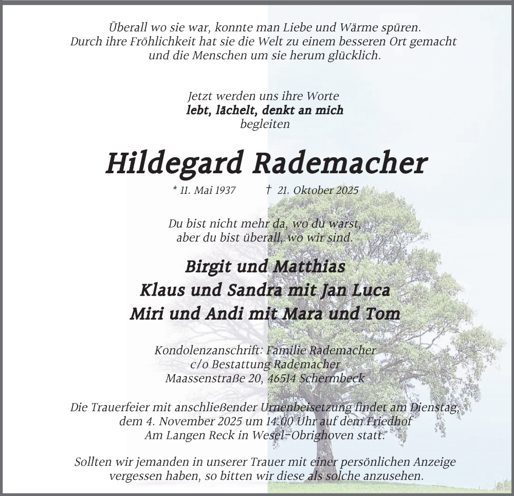  Traueranzeige für Hildegard Rademacher vom 25.10.2025 aus Tageszeitung