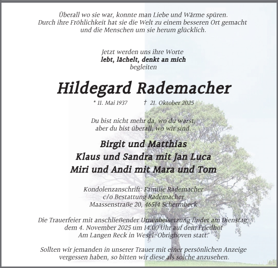 Traueranzeige von Hildegard Rademacher von Tageszeitung