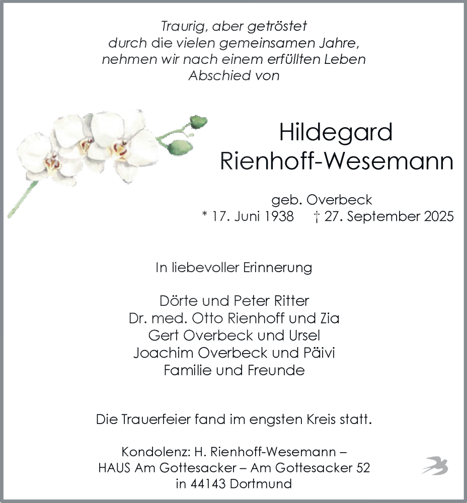  Traueranzeige für Hildegard Rienhoff-Wesemann vom 25.10.2025 aus Tageszeitung