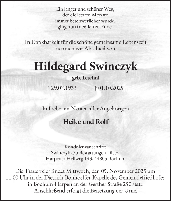 Traueranzeige von Hildegard Swinczyk von Tageszeitung