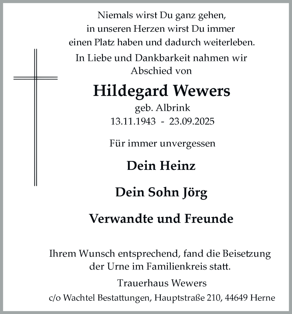  Traueranzeige für Hildegard Wewers vom 25.10.2025 aus Tageszeitung