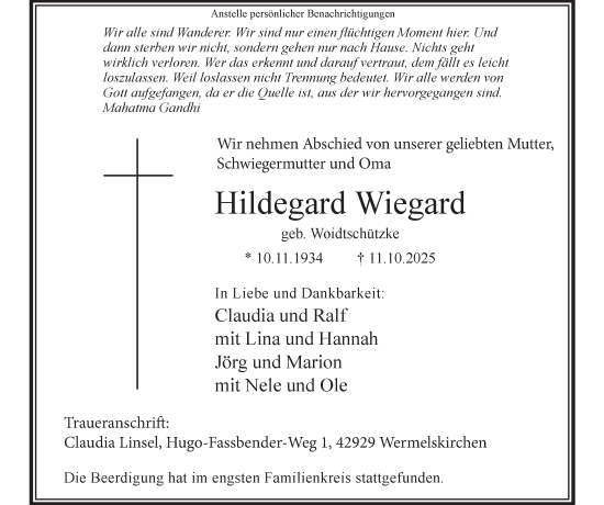 Traueranzeige von Hildegard Wiegard von Tageszeitung