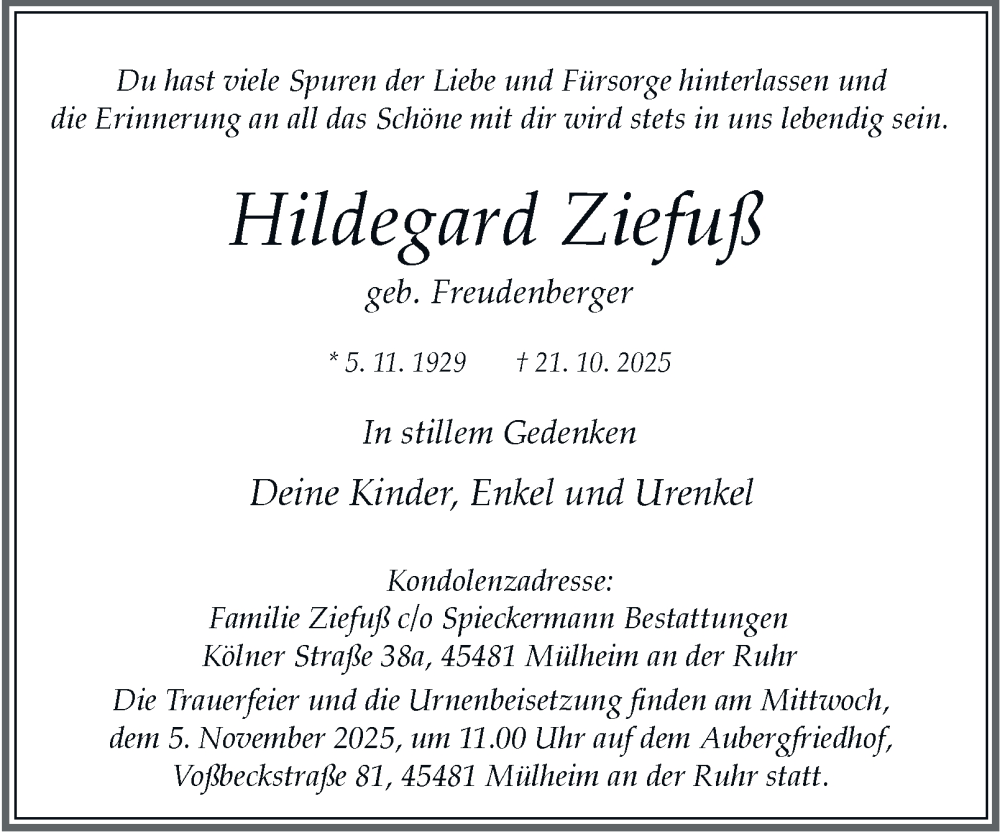  Traueranzeige für Hildegard Ziefuß vom 01.11.2025 aus Tageszeitung