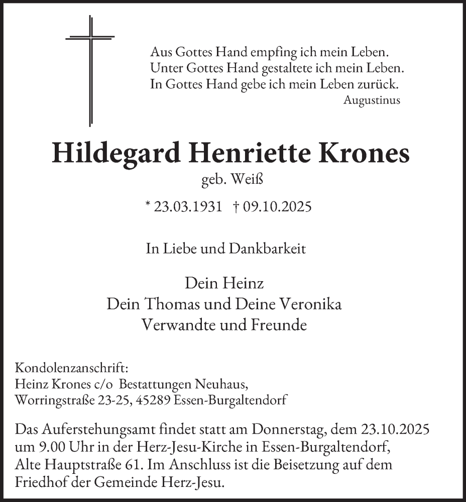  Traueranzeige für Hildegard Henriette Krones vom 18.10.2025 aus Tageszeitung