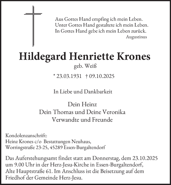 Traueranzeige von Hildegard Henriette Krones von Tageszeitung