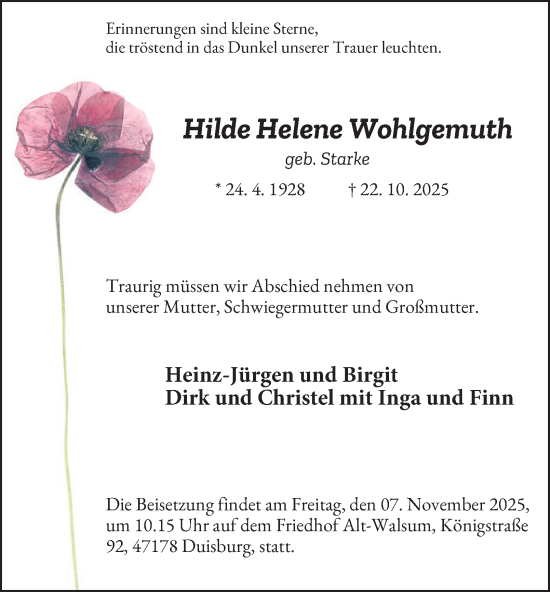 Traueranzeige von Hilde Helene Wohlgemuth von Tageszeitung