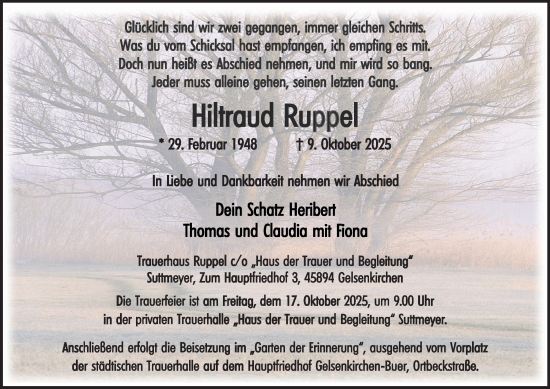 Traueranzeige von Hiltraud Ruppel von Tageszeitung