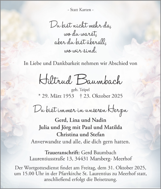 Traueranzeige von Hiltrud Baumbach von Tageszeitung