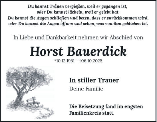 Traueranzeige von Horst Bauerdick von Tageszeitung
