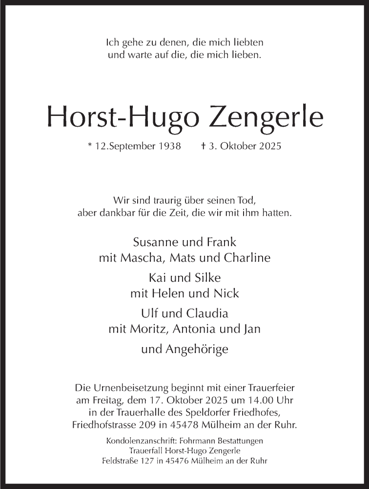  Traueranzeige für Horst-Hugo Zengerle vom 11.10.2025 aus Tageszeitung