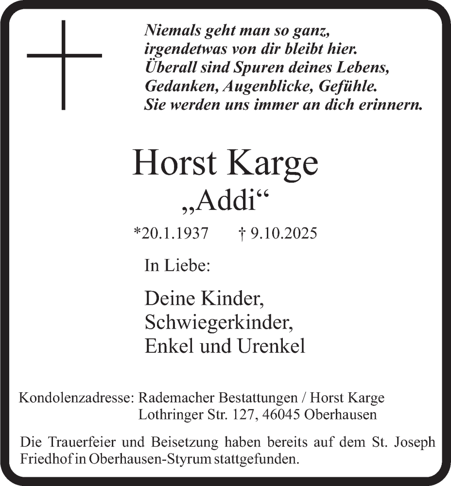  Traueranzeige für Horst Karge vom 25.10.2025 aus Tageszeitung