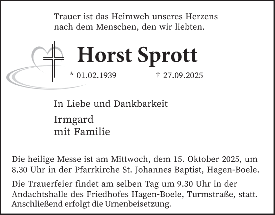 Traueranzeige von Horst Sprott von Tageszeitung