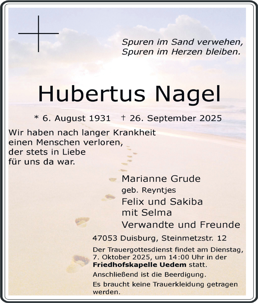  Traueranzeige für Hubertus Nagel vom 01.10.2025 aus Tageszeitung