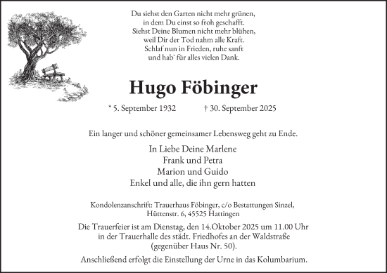 Traueranzeige von Hugo Föbinger von Tageszeitung