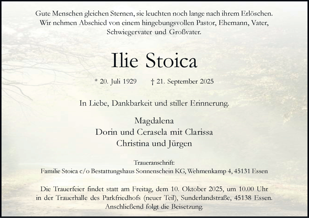  Traueranzeige für Ilie Stoica vom 04.10.2025 aus Tageszeitung