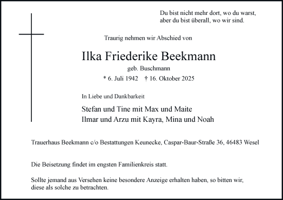 Traueranzeige von Ilka Friederike Beekmann von Tageszeitung