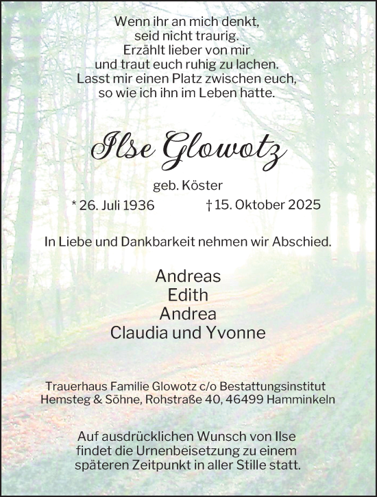 Traueranzeige von Ilse Glowotz von Tageszeitung