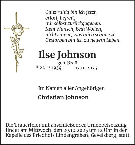 Traueranzeige von Ilse Johnson von Tageszeitung