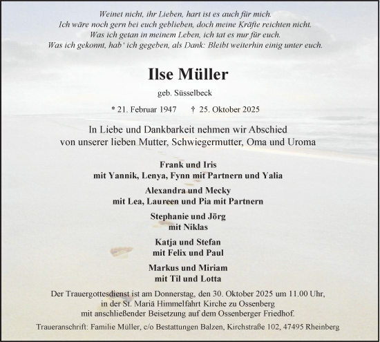 Traueranzeige von Ilse Müller von Tageszeitung