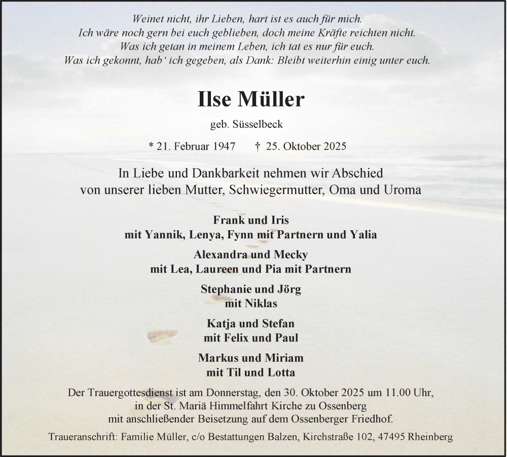  Traueranzeige für Ilse Müller vom 29.10.2025 aus Tageszeitung