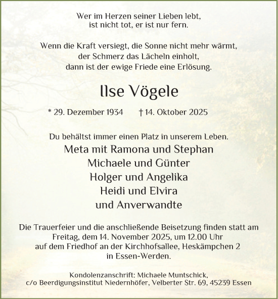 Traueranzeige von Ilse Vögele von Tageszeitung