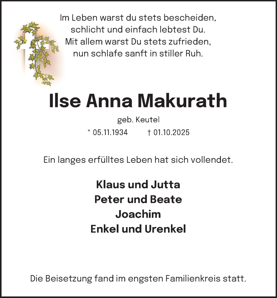  Traueranzeige für Ilse Anna Makurath vom 18.10.2025 aus Tageszeitung
