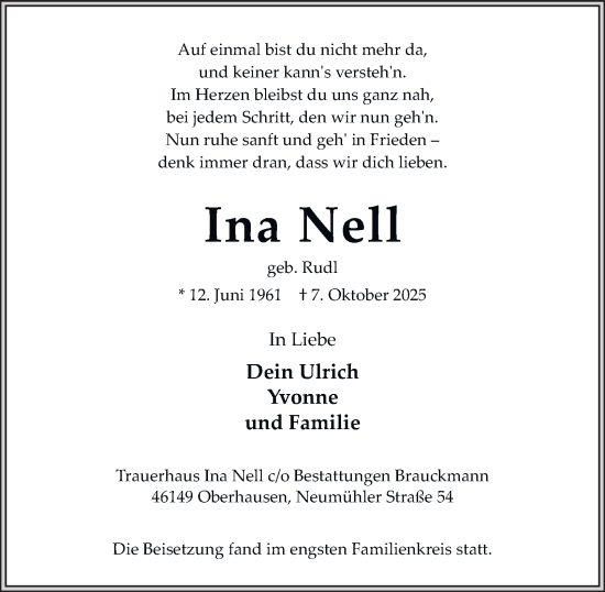 Traueranzeige von Ina Nell von Tageszeitung