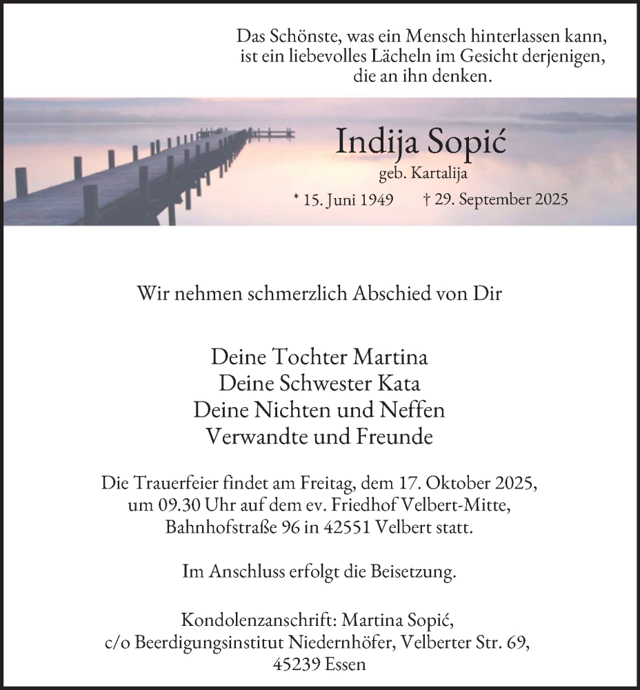  Traueranzeige für Indija Sopic vom 11.10.2025 aus Tageszeitung
